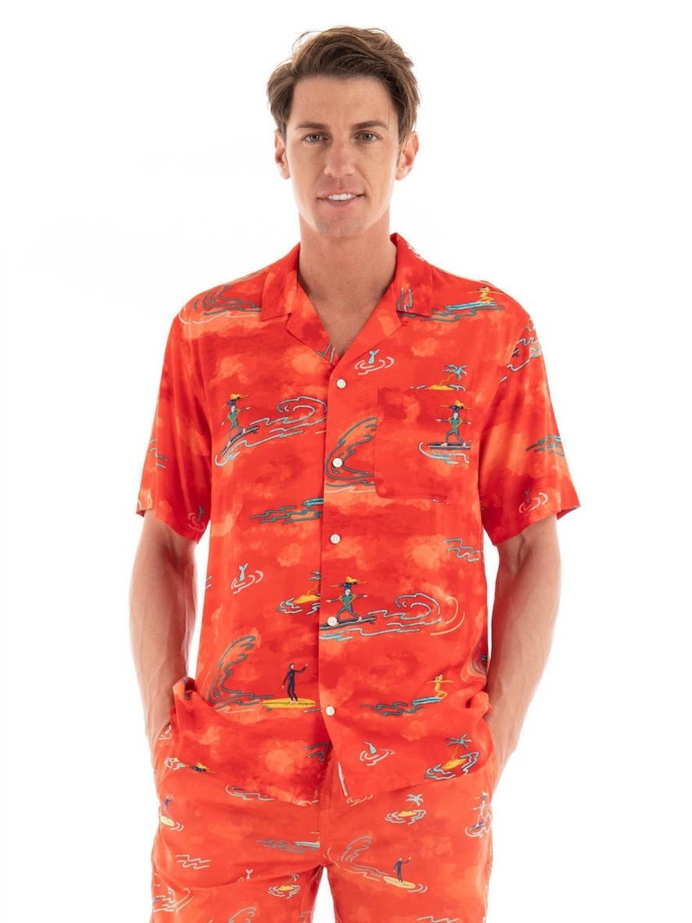 NWOT Scotch & Soda Red Surfer Graphic Print Camp Collar Viscose Short Sleeve S